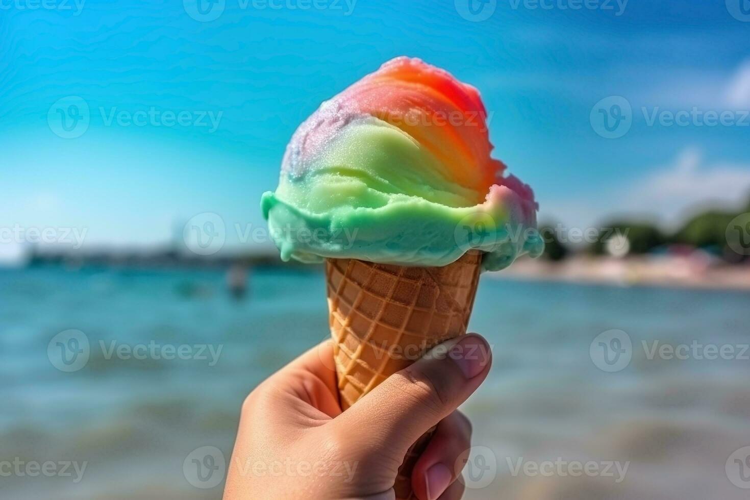 ai generato mano Tenere ghiaccio crema su il sfondo di il spiaggia foto