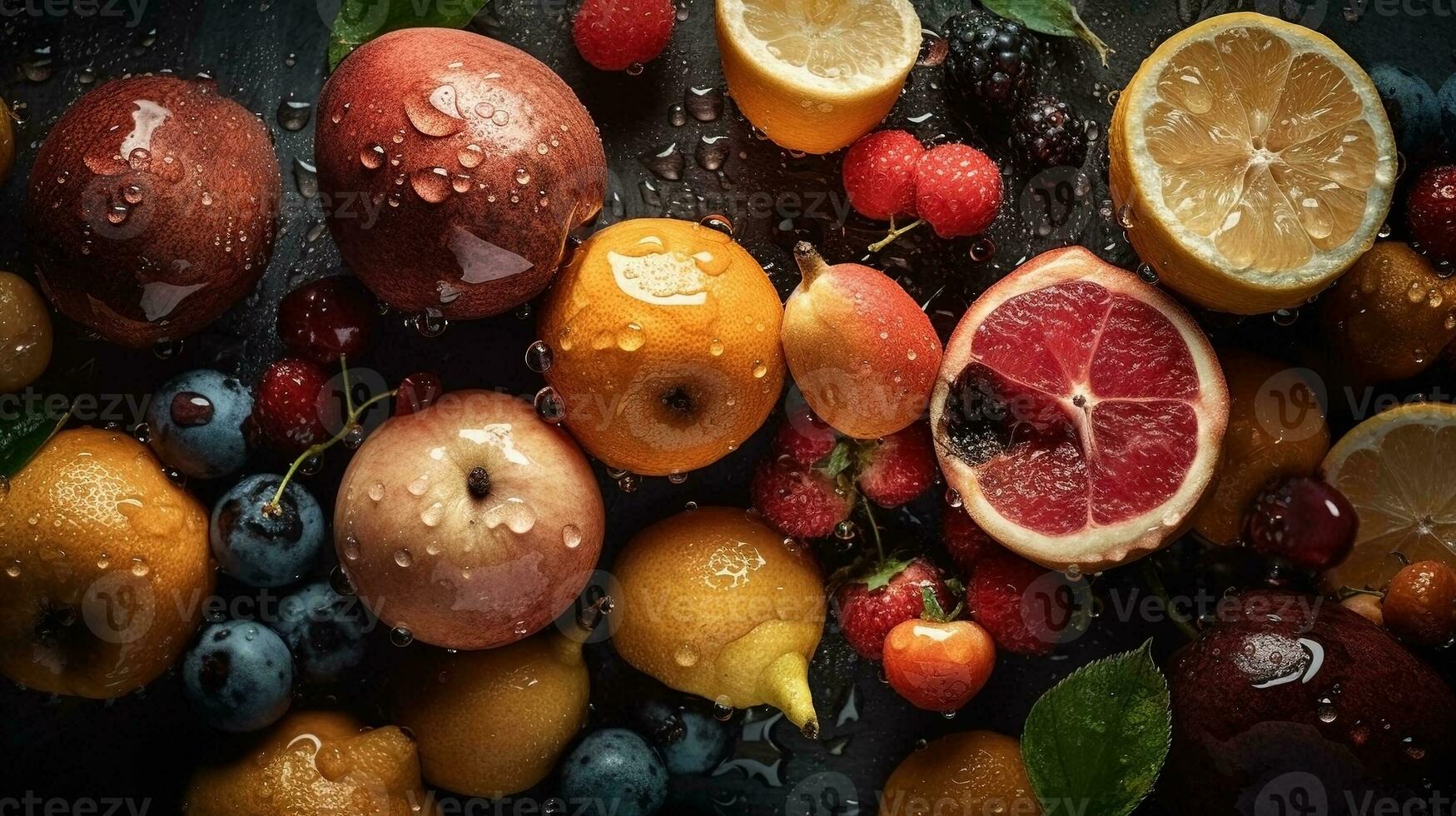 ai generato avvicinamento di fresco frutta con acqua gocce su buio sfondo. salutare cibo concetto foto