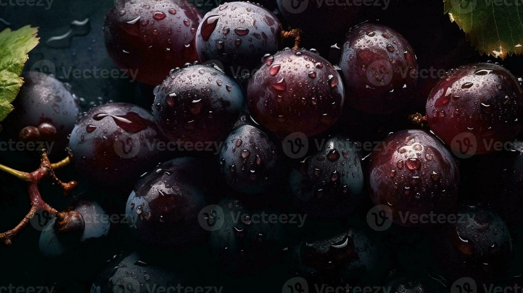 ai generato avvicinamento di nero uva con acqua gocce su buio sfondo. frutta sfondo foto