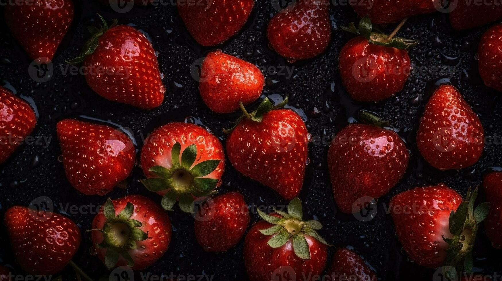 ai generato avvicinamento di fragola con acqua gocce su buio sfondo. frutta sfondo foto