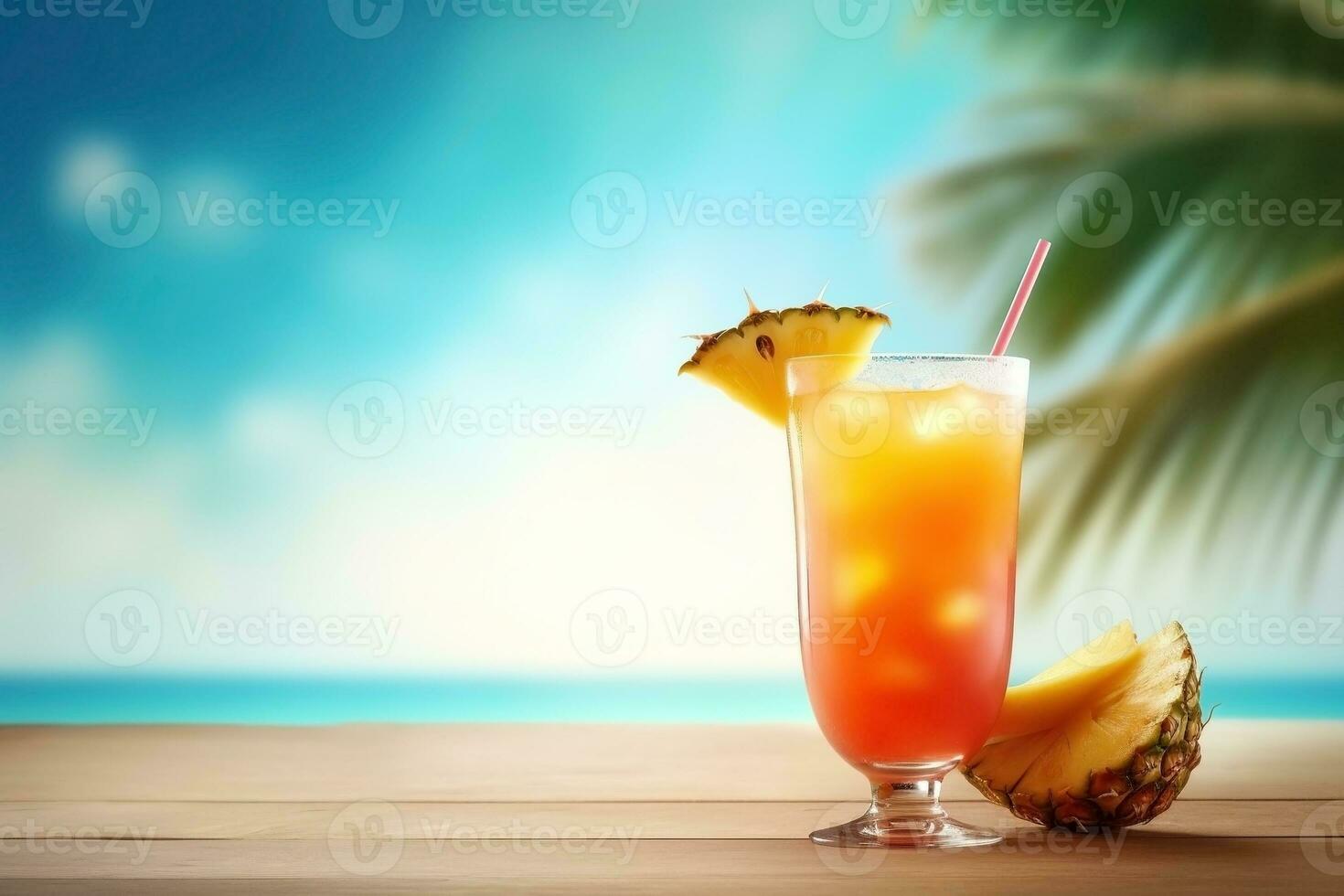 ai generato fresco succo cocktail su il tavolo contro spiaggia sfondo foto