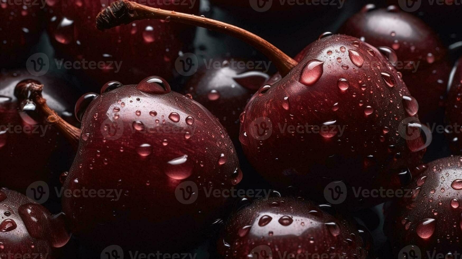 ai generato avvicinamento di ciliegie con acqua gocce su buio sfondo. frutta sfondo foto