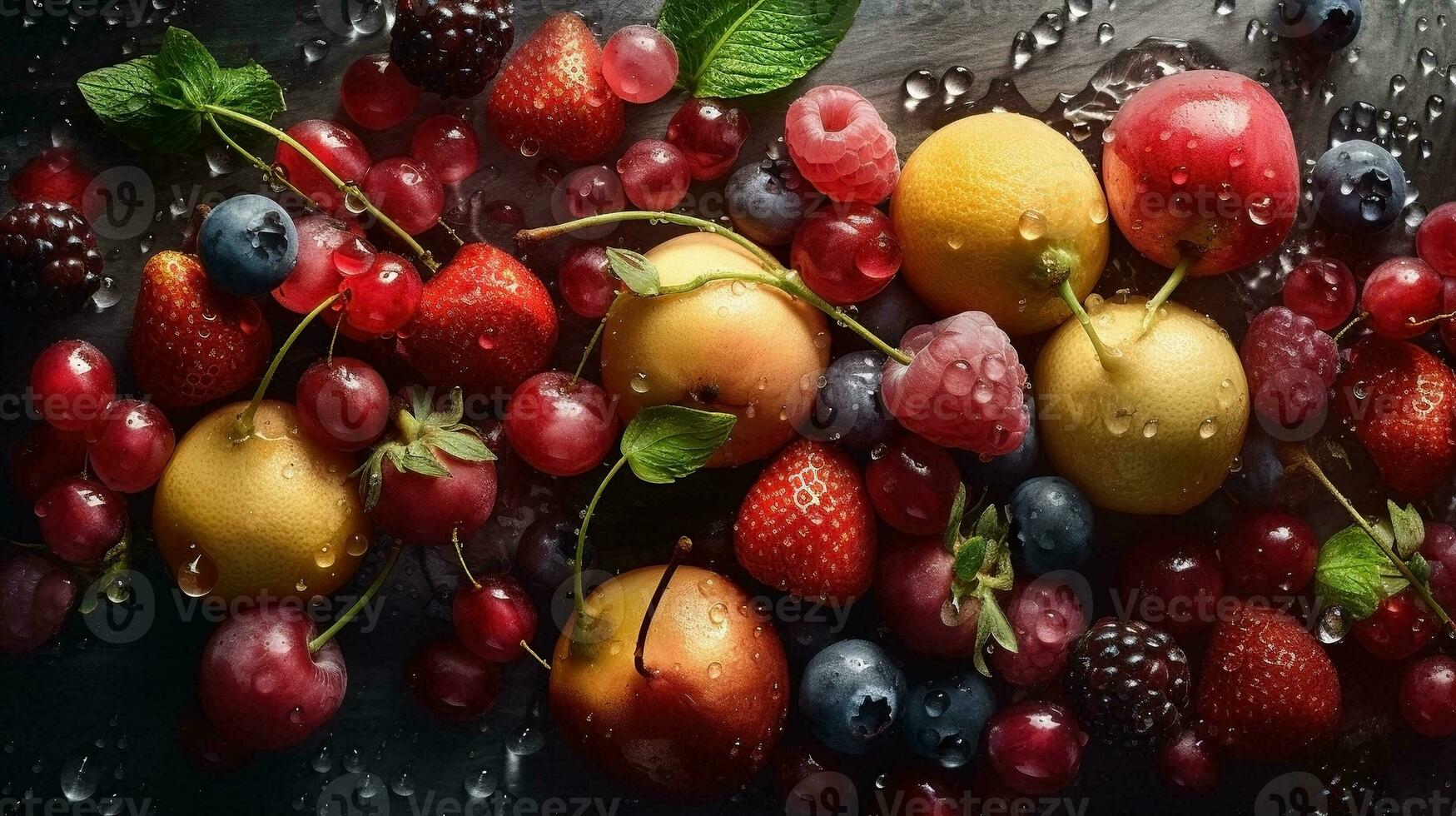 ai generato avvicinamento di fresco frutta con acqua gocce su buio sfondo. salutare cibo concetto foto