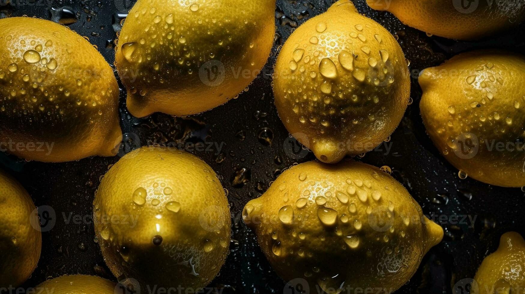 ai generato avvicinamento di limoni con acqua gocce su buio sfondo. frutta sfondo foto