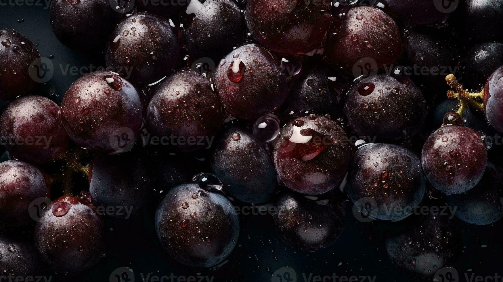 ai generato avvicinamento di nero uva con acqua gocce su buio sfondo. frutta sfondo foto