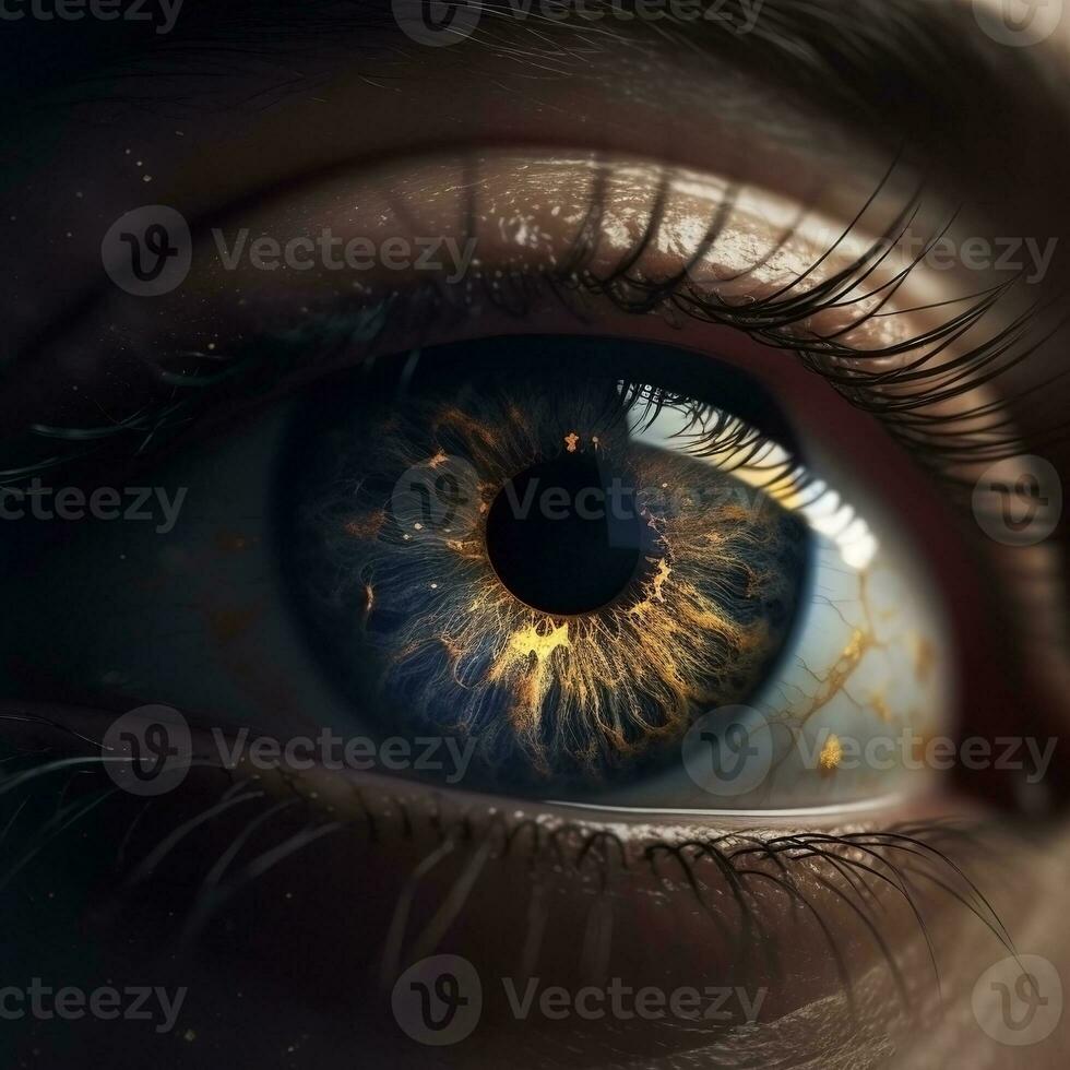 ai generato umano occhio con galassia dentro avvicinamento, d'oro iris su buio sfondo. ai generato foto