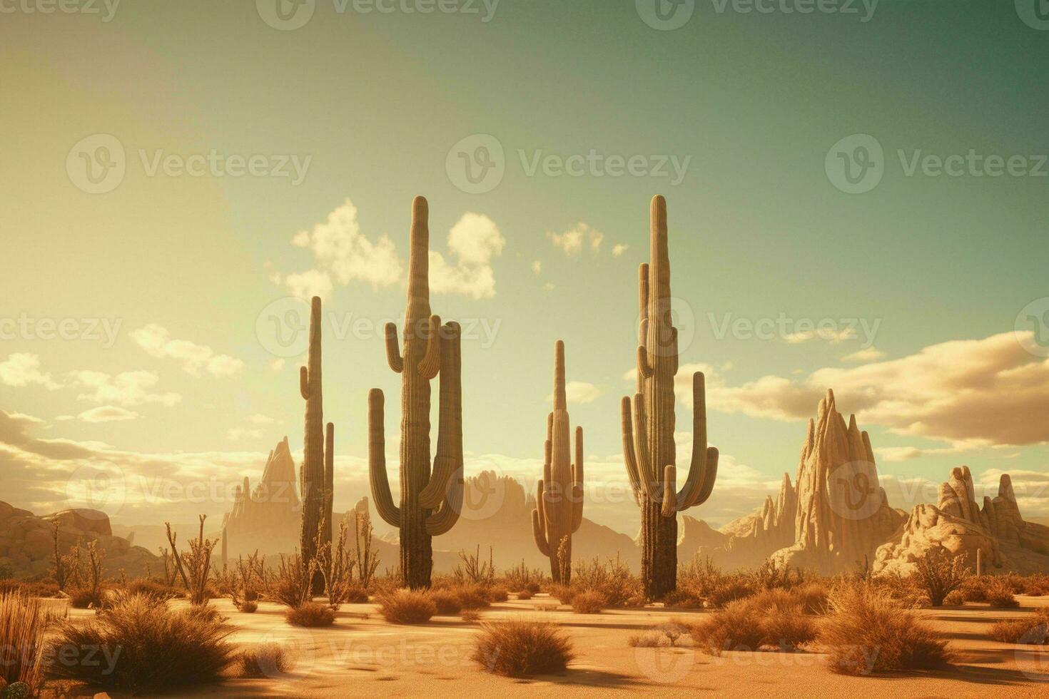 ai generato un' surreale deserto paesaggio con saguaro cactus foto