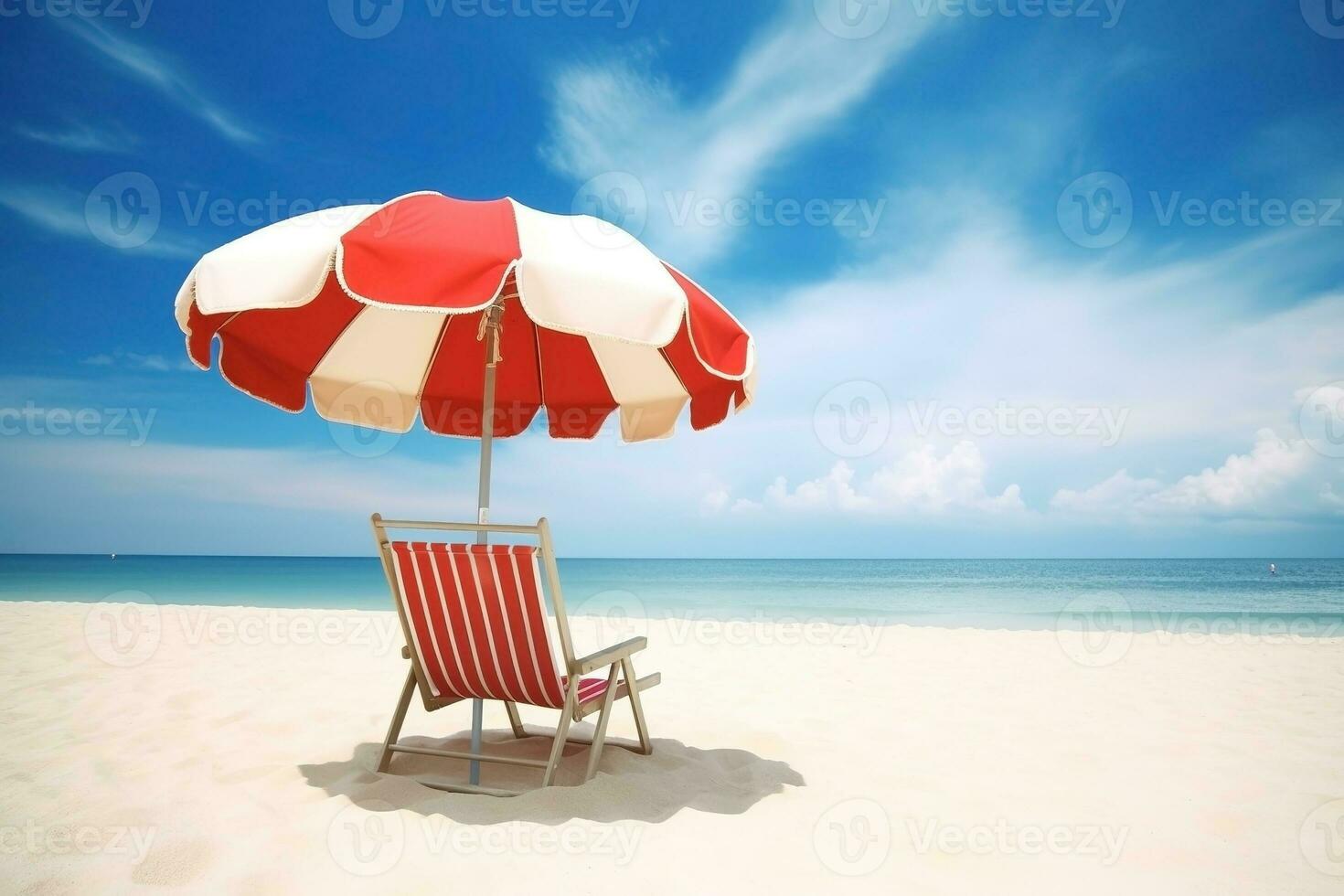 ai generato sole lettino con ombrello su il spiaggia, estate vacanza sfondo. ai generato foto