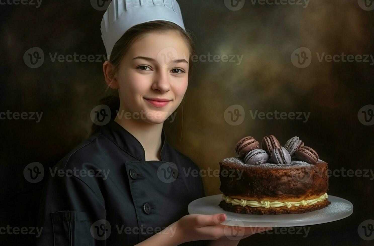 ai generato capocuoco nero grembiule torta foto ritratto. creare ai