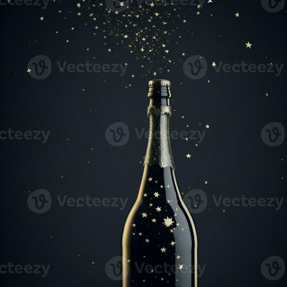 ai generato nero Champagne bottiglia silhouette d'oro bolle esplosione foto