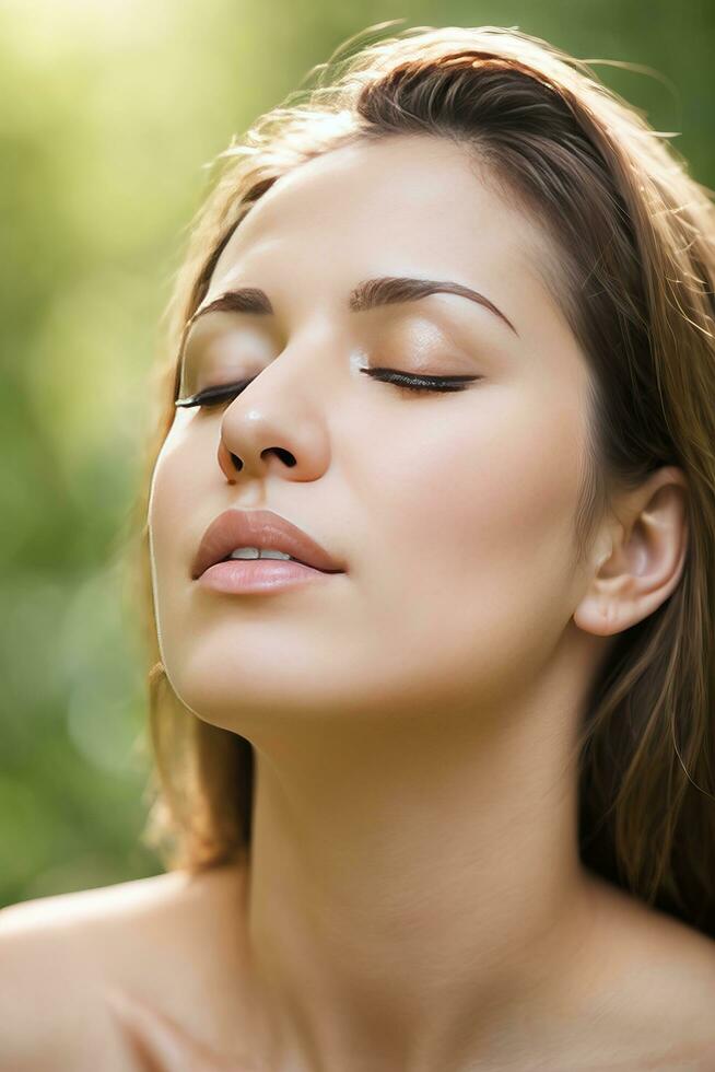 ai generato bellissimo donna con chiuso occhi su natura sfondo foto