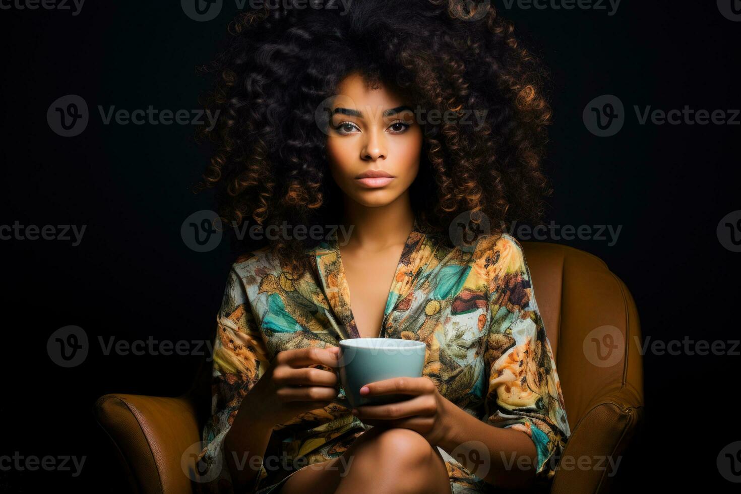 ai generato ai generativo illustrazione di un' buio spellato modello con Riccio capelli Tenere un' caffè tazza foto