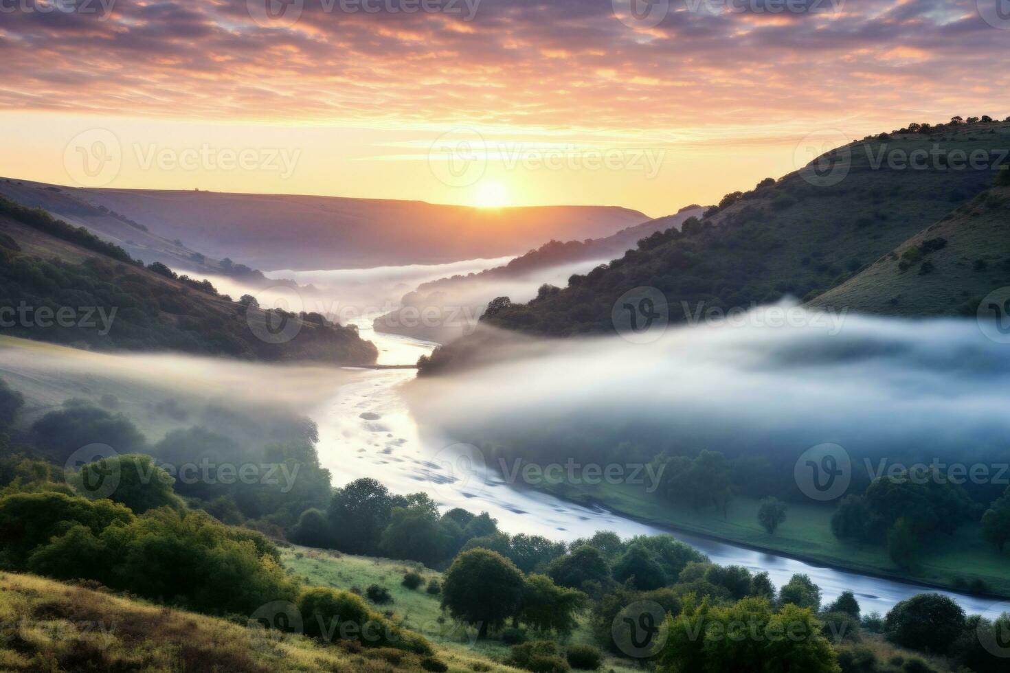 ai generato Alba nel il nebbioso mattina HD sfondo sfondo foto