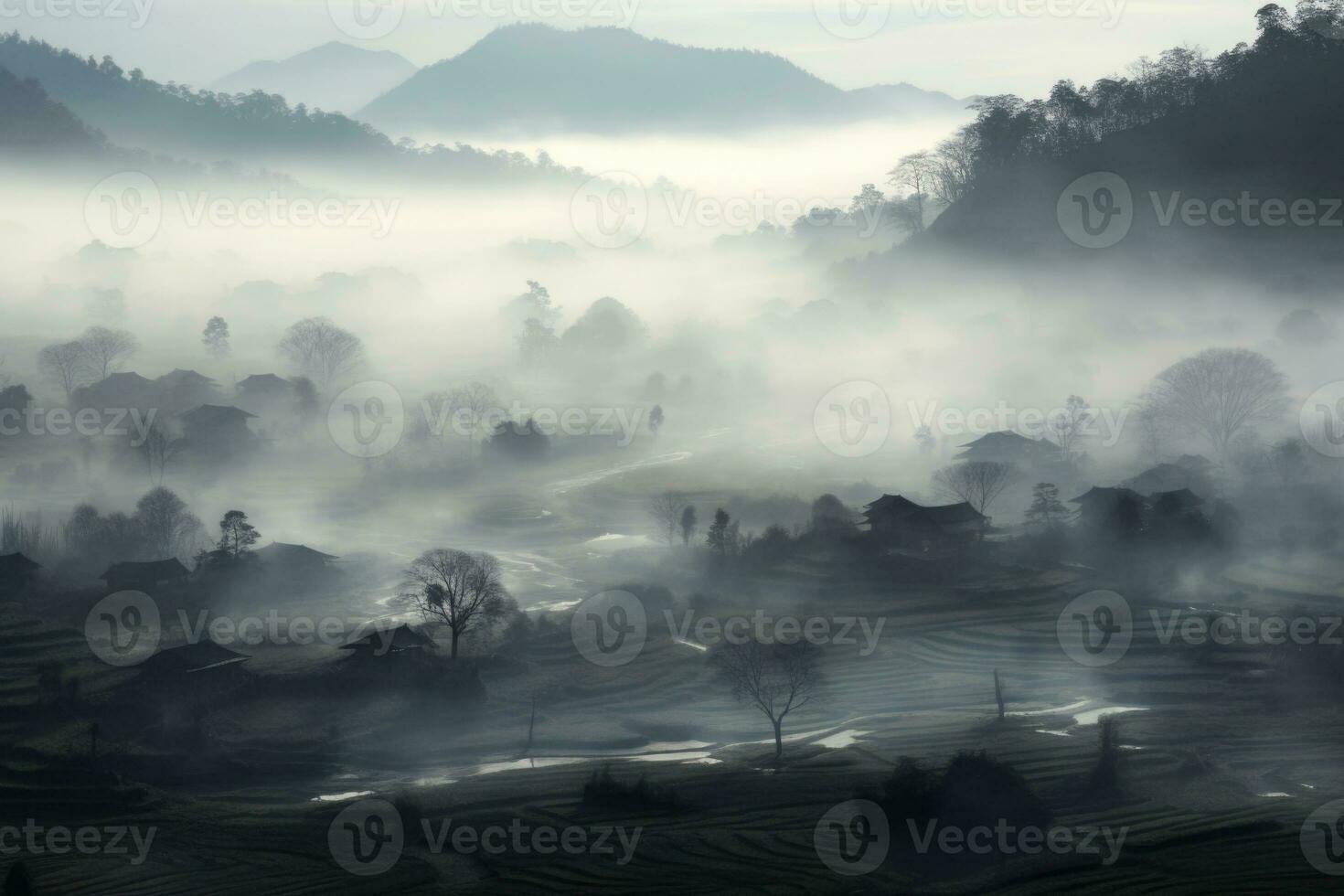 ai generato Cinese villaggio nebbioso mattina sfondo sfondo foto