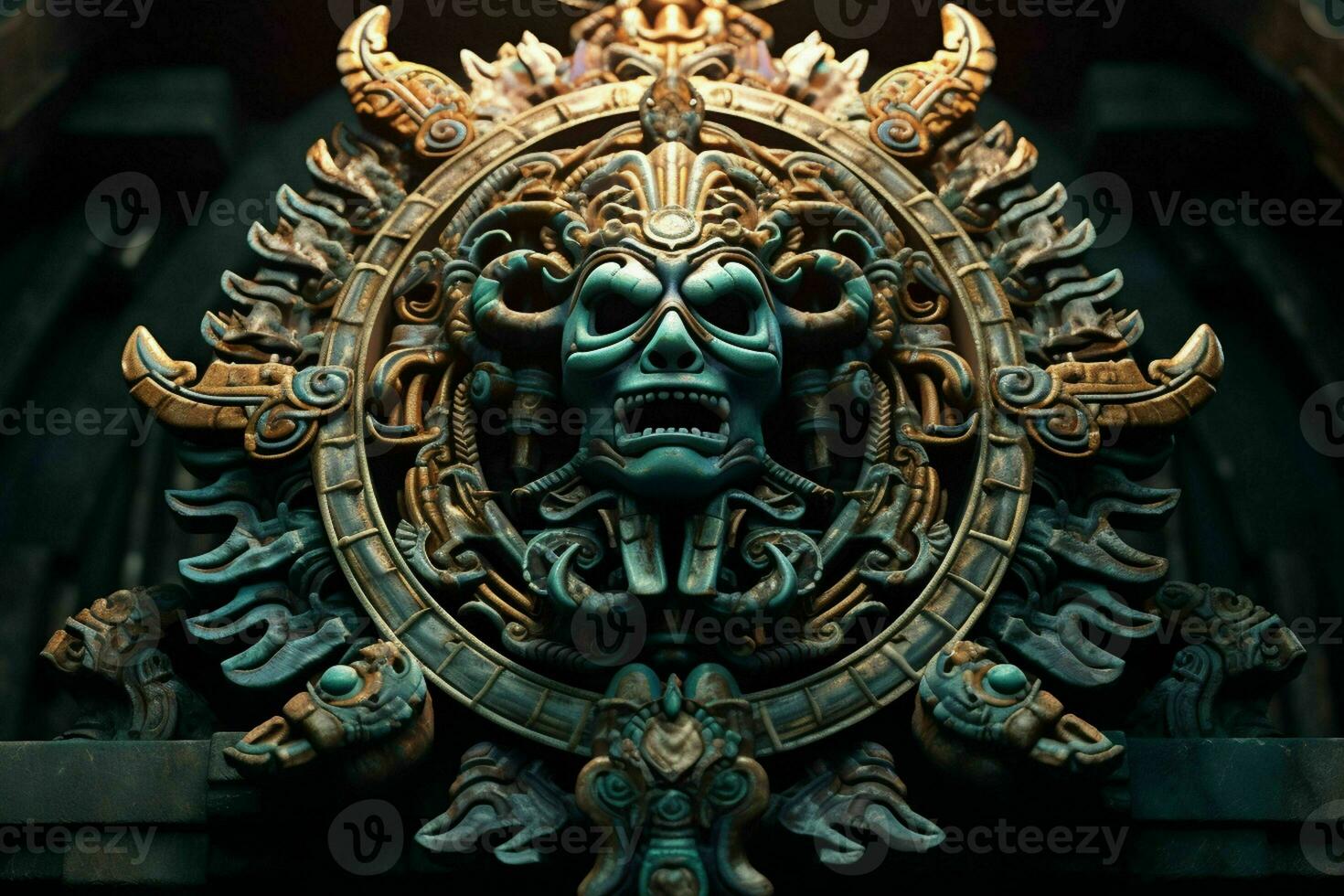 ai generato antico azteco opera d'arte con riverito e mitico foto