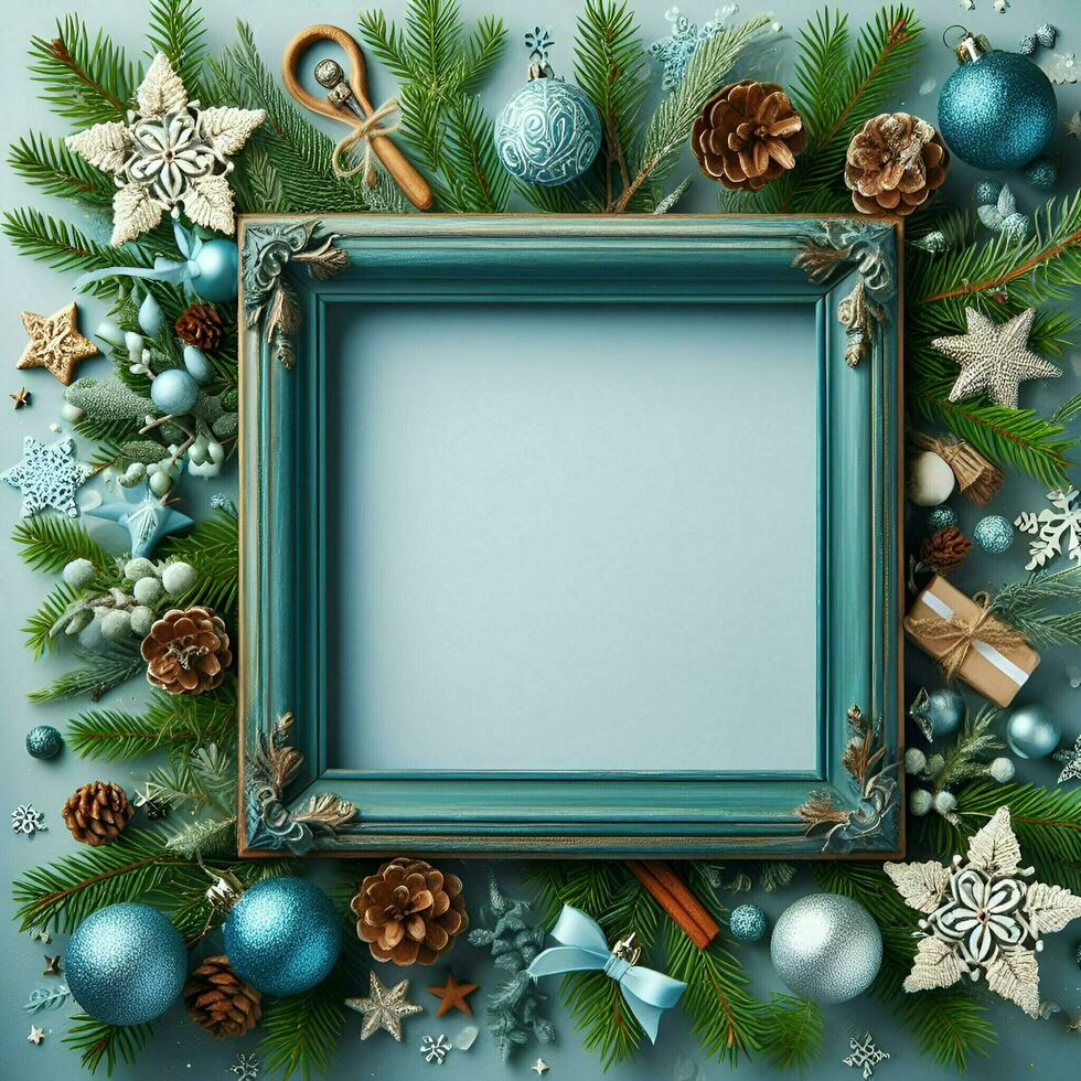ai generato Natale telaio con abete rami, blu ornamenti e Natale decorazioni su un' blu sfondo foto