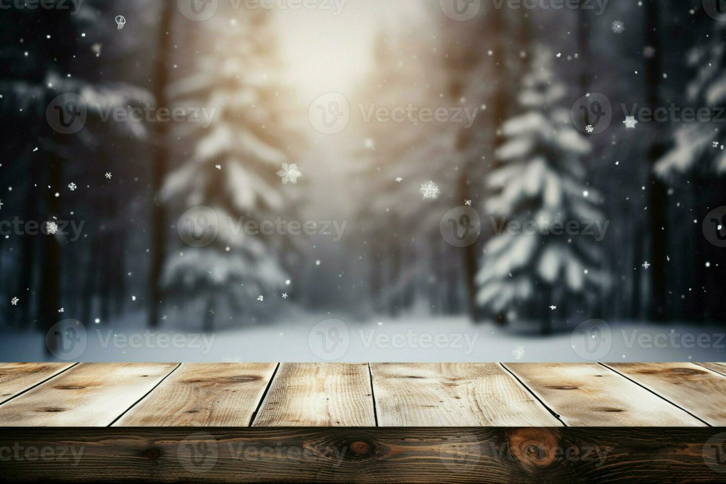 ai generato vuoto inverno legna tavola tavola tavolo con nevicata ai generato foto