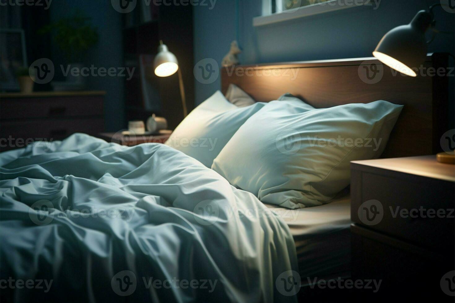 dolce ambiance come un elettrico lampada si illumina morbido blu biancheria da letto ai generato foto