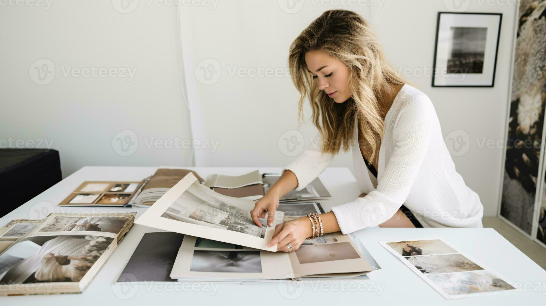 ai generato guardare Indietro, femmina modello guardare a fotografie nel foto album, collage di il passato