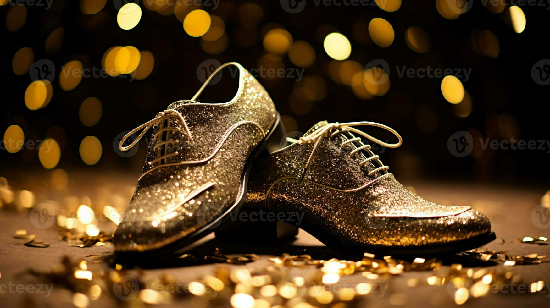 ai generato nuovo anni maschio d'oro scintillante scarpa circondato di luccichio foto