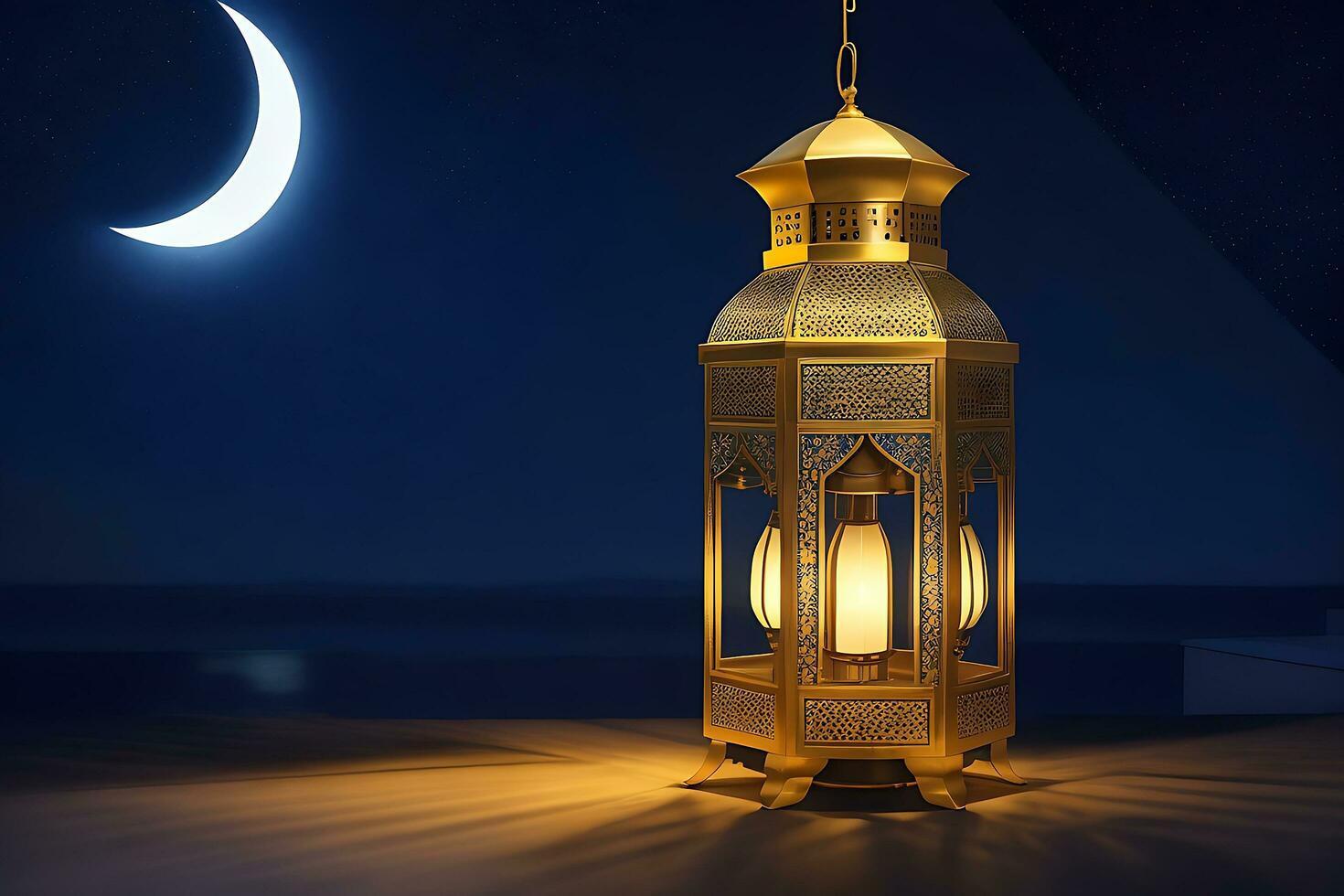 ai generato Arabo lanterna con ardente candela raggiante a notte per musulmano santo mese Ramadan kareem foto