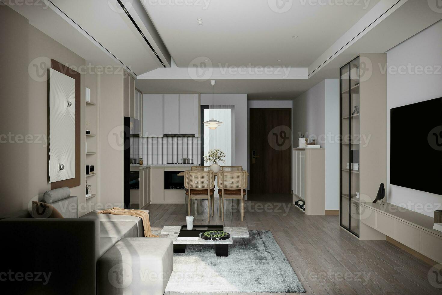 Residenziale appartamento vivente camera e cenare camera con cucina e mobilia nel moderno stile interno. foto