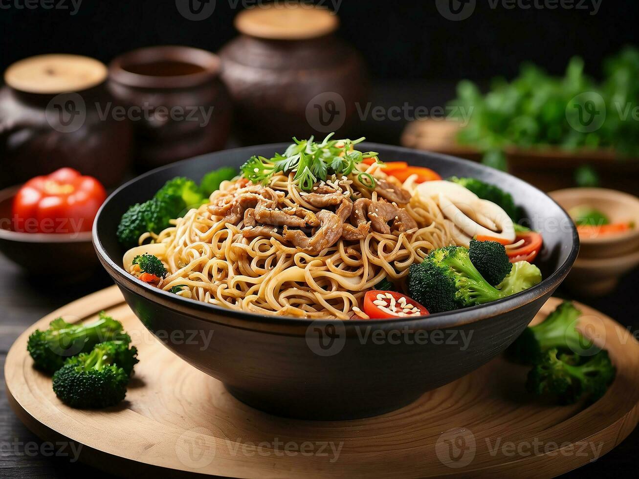 ai generato schezwan veg tagliatelle è un' speziato e gustoso agitare Manzo fritte piatto hakka tagliatelle con salsa foto