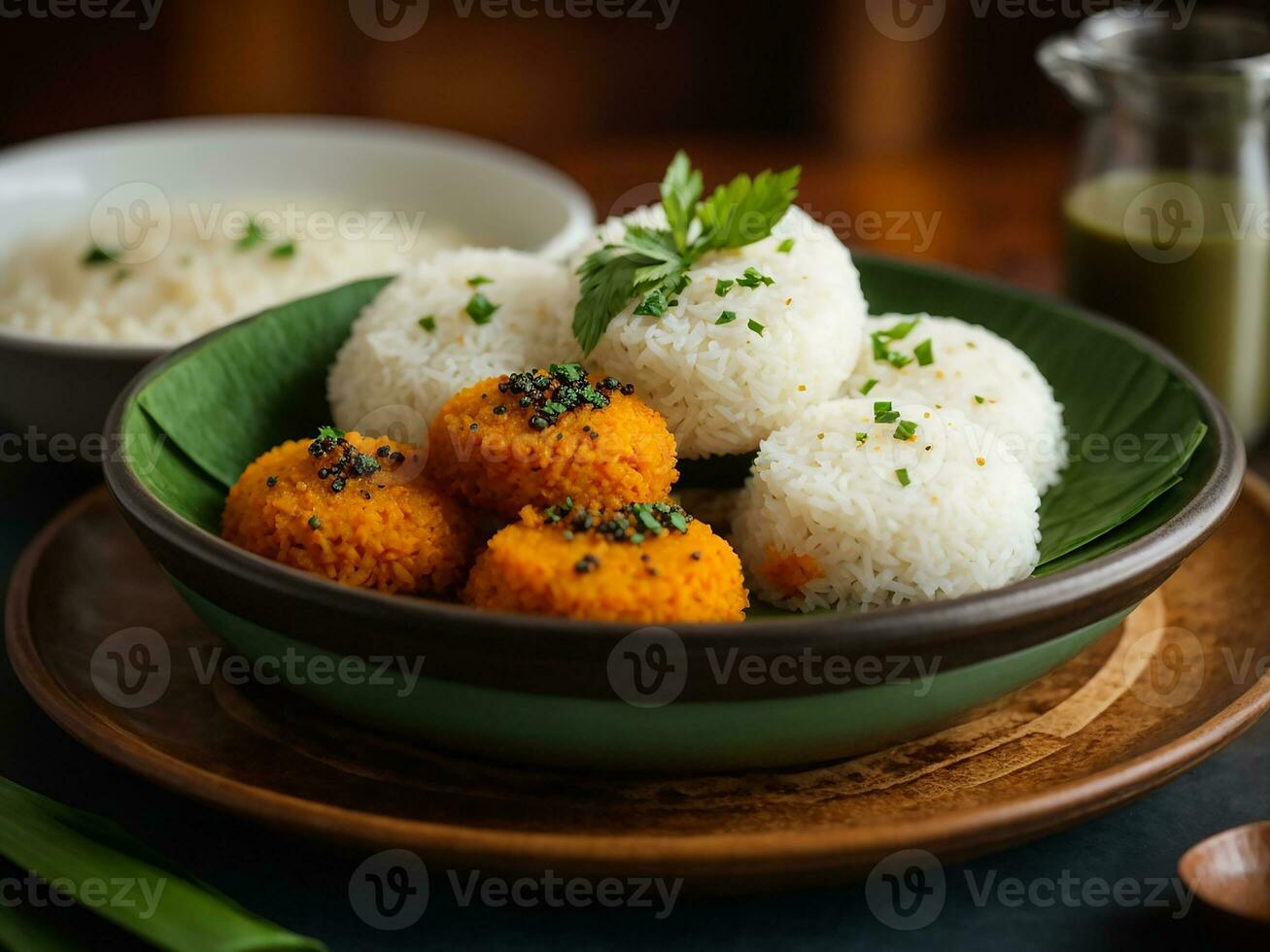 ai generato folle sambar o idli con sambhar e verde, rosso chutney. popolare Sud indiano prima colazione foto
