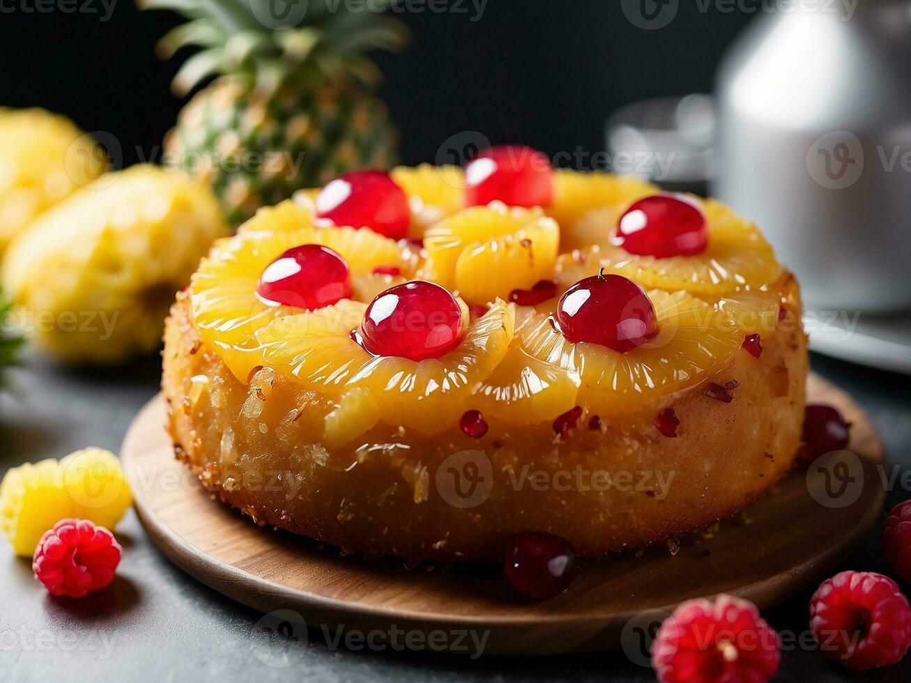 ai generato sottosopra giù ananas torta con caramello foto