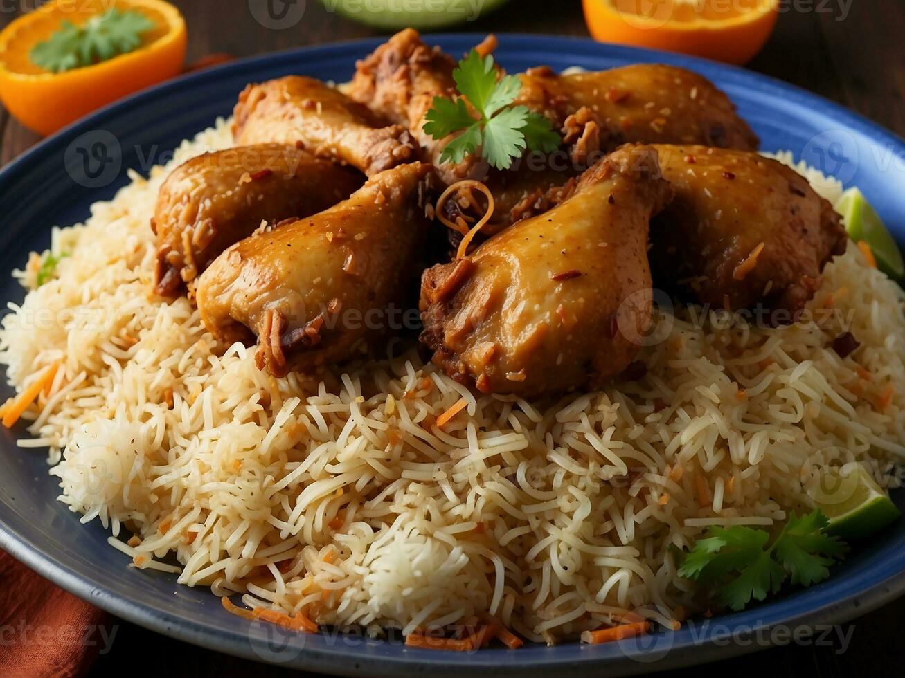 ai generato pollo dhum biriyani utilizzando Jeera riso e spezie disposte nel terroso merce con raitha e Limone salamoia foto