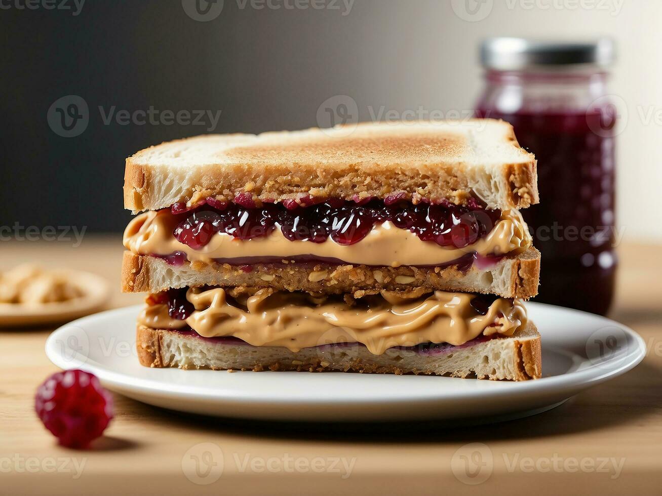 ai generato delizioso arachide burro e gelatina Sandwich su cucina taglio tavola foto