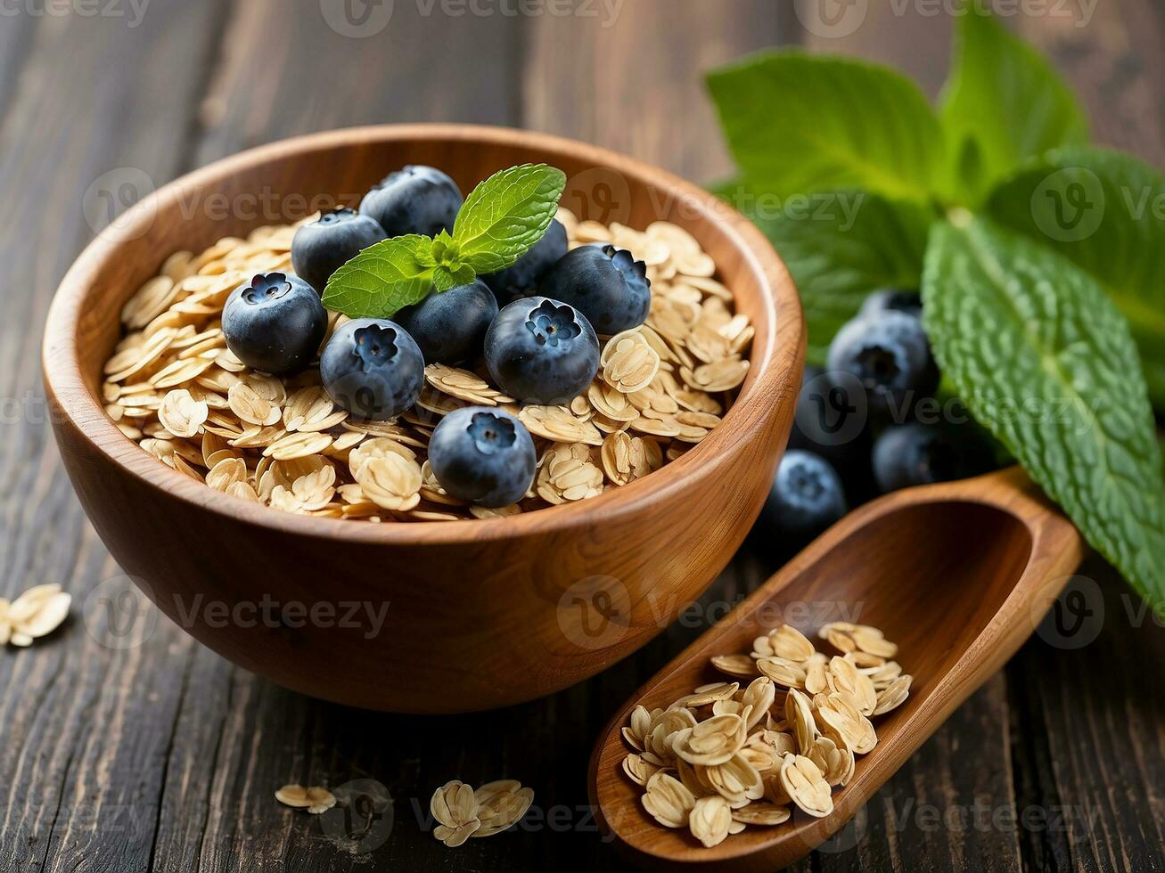 ai generato lanciato avena nel un' di legno ciotola con fresco mirtilli, rametto di menta e miele a il sfondo salutare stile di vita, salutare mangiare, vegano cibo concetto foto