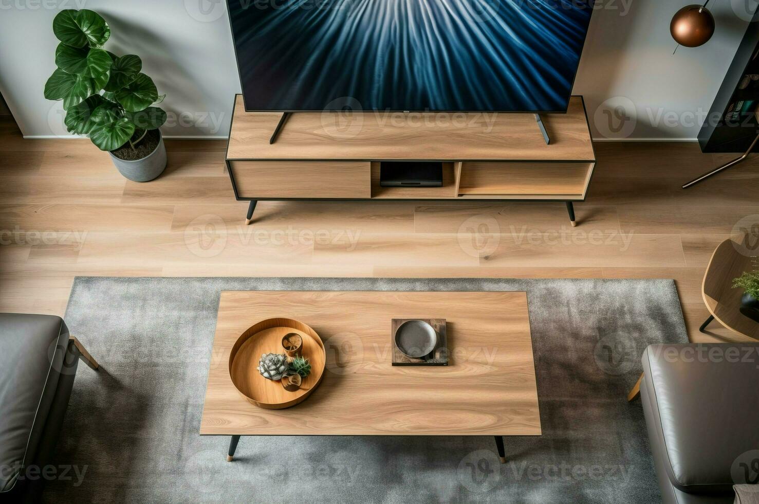 ai generato superiore Visualizza moderno vivente camera di legno stile. creare ai foto