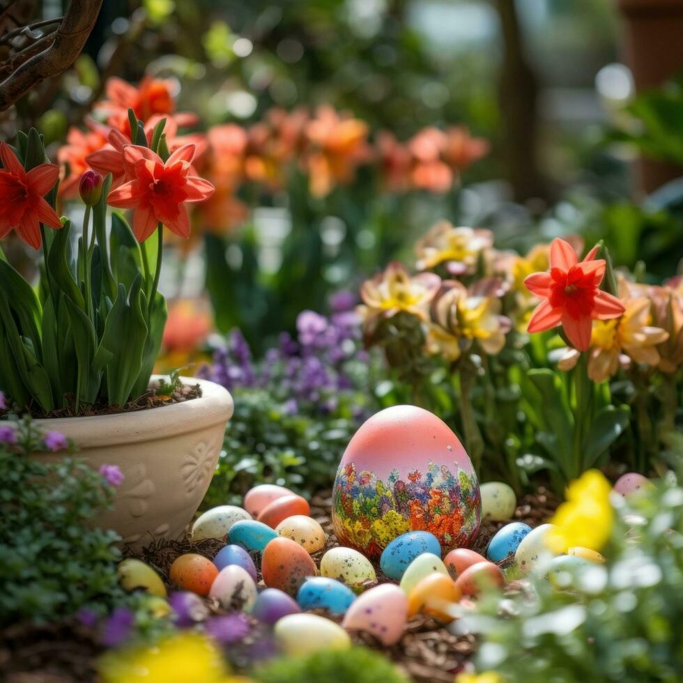ai generato un' colorato giardino ambientazione con Pasqua uova nascosto tra il fiori. foto