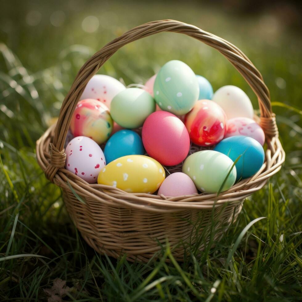 ai generato un' tradizionale Pasqua cestino pieno con colorato uova e annidato nel verde erba. foto