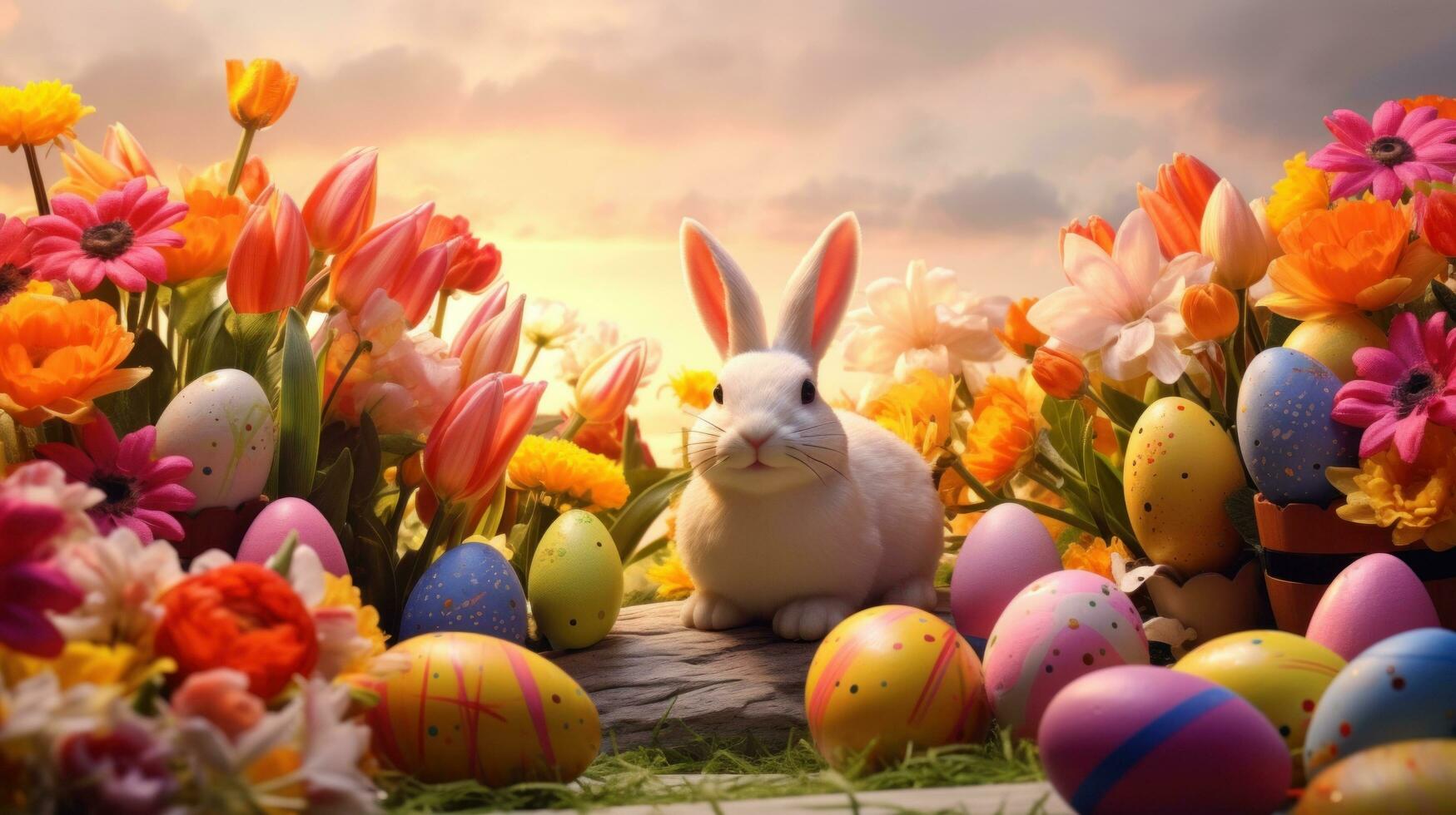 ai generato un' carino coniglietto circondato di colorato uova e seduta nel un' erboso campo foto
