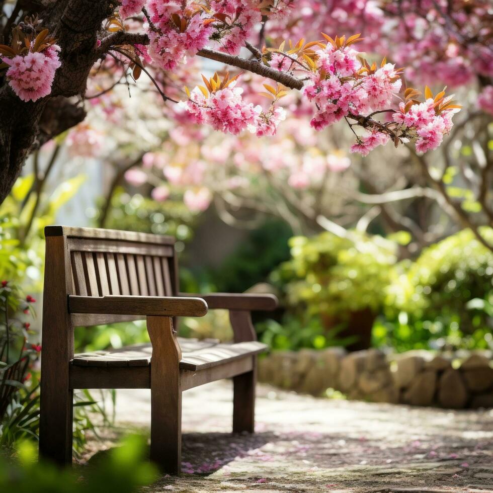 ai generato un invitante primavera giardino con un' di legno panchina e un' fioritura albero nel il sfondo, foto