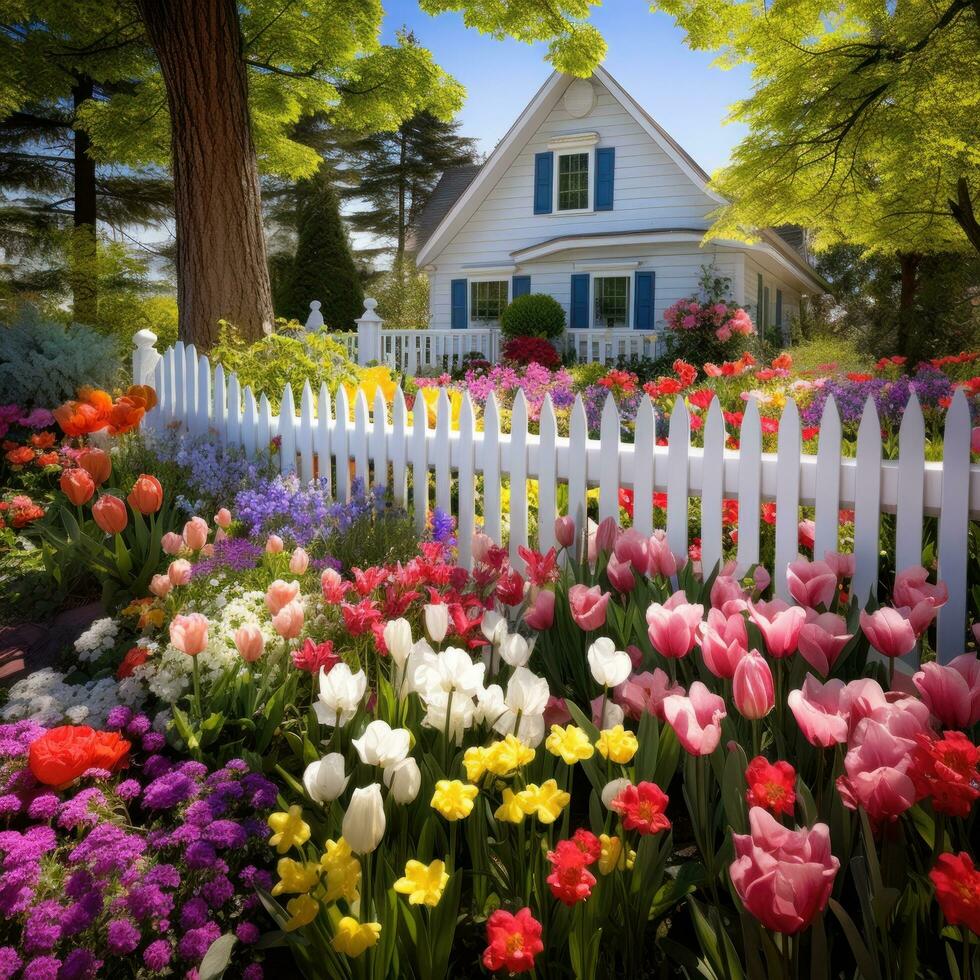 ai generato un' affascinante primavera giardino con un' bianca picchetto recinto e un' mescolare di colorato fiori, foto