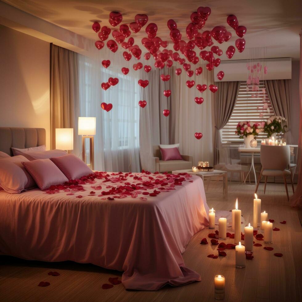 ai generato un' Camera da letto decorato con rosa petali, a forma di cuore palloncini, e candele crea un' sognante atmosfera per coppie festeggiare San Valentino giorno. foto