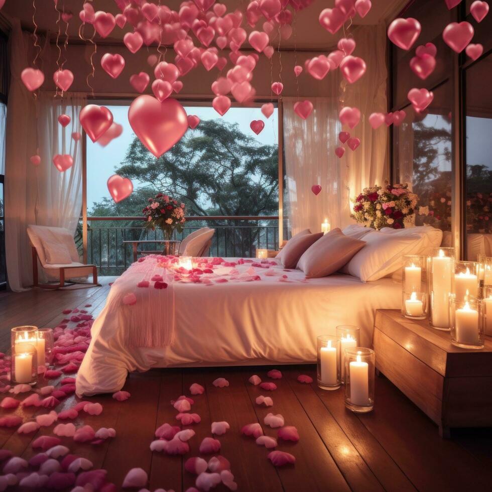 ai generato un' Camera da letto decorato con rosa petali, a forma di cuore palloncini, e candele crea un' sognante atmosfera per coppie festeggiare San Valentino giorno. foto