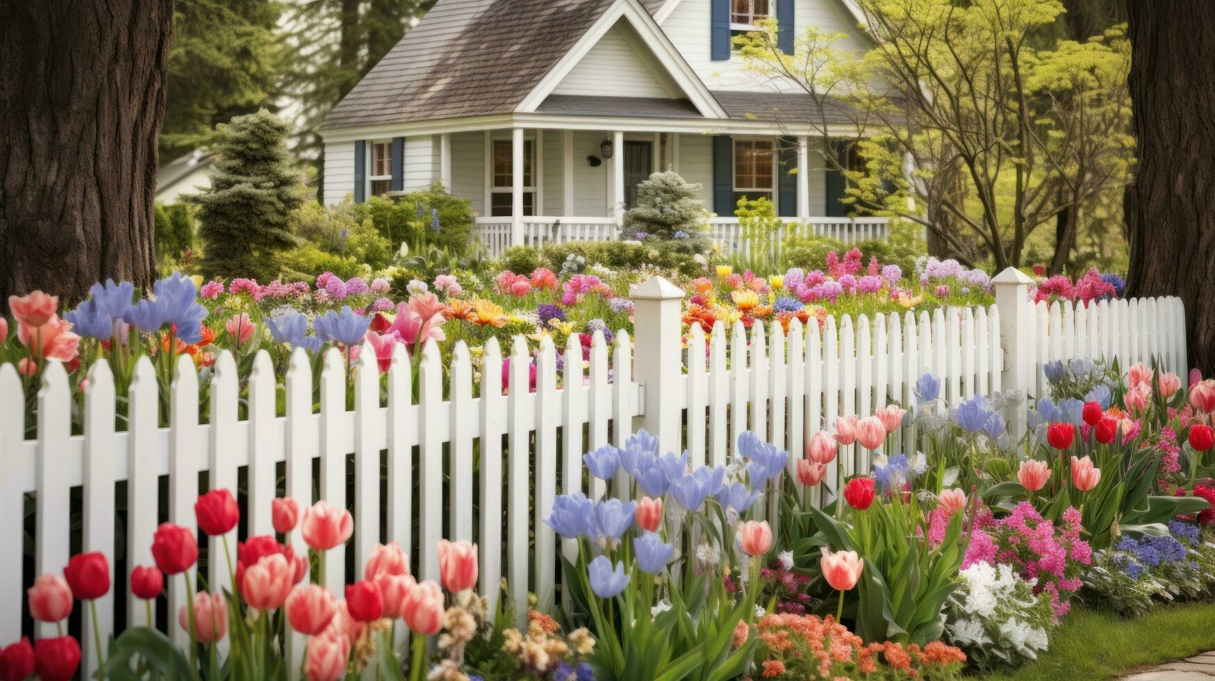 ai generato un' affascinante primavera giardino con un' bianca picchetto recinto e un' mescolare di colorato fiori, foto