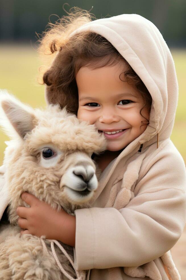 ai generato un' splendente bambino piccolo culle un' soffice e contento bambino alpaca, foto