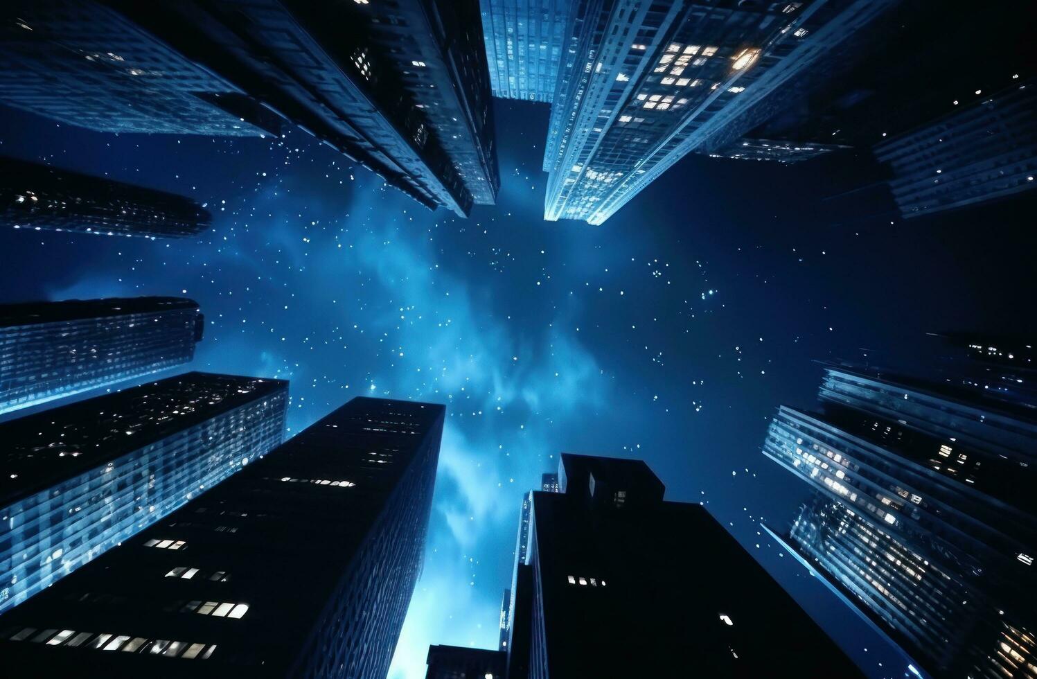 ai generato Visualizza a partire dal sotto di il blu e bianca città orizzonte a notte foto