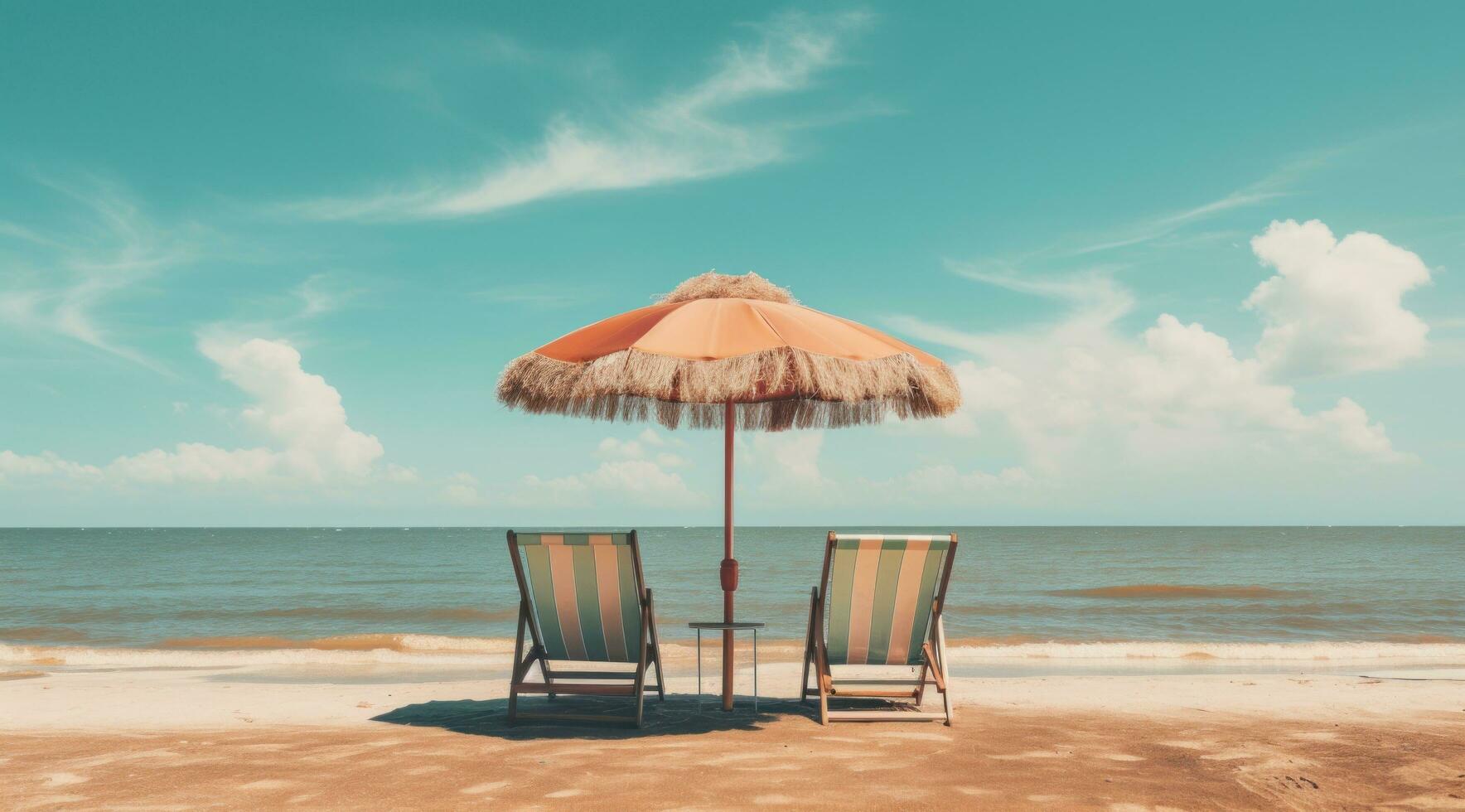 ai generato Due sedie su il spiaggia sotto ombrello, foto