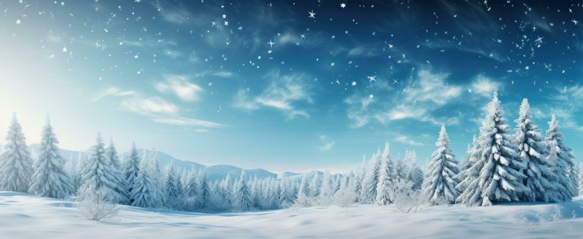 ai generato neve sfondo con alberi per Natale su un' chiaro blu cielo con neve, foto