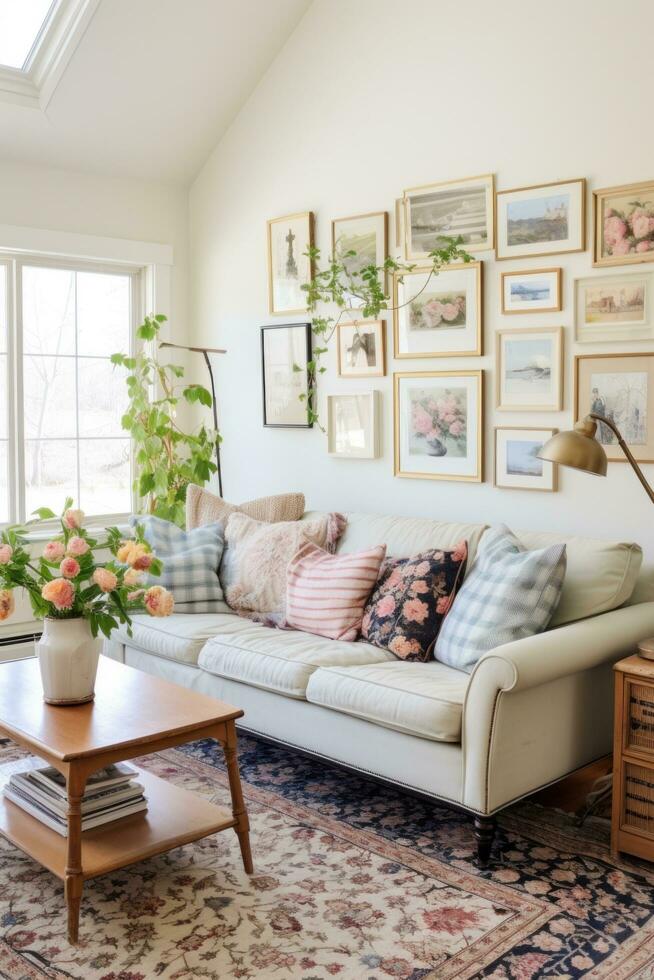 ai generato un' d'ispirazione vintage vivente camera con un' floreale divano, un' fantasia tappeto, foto