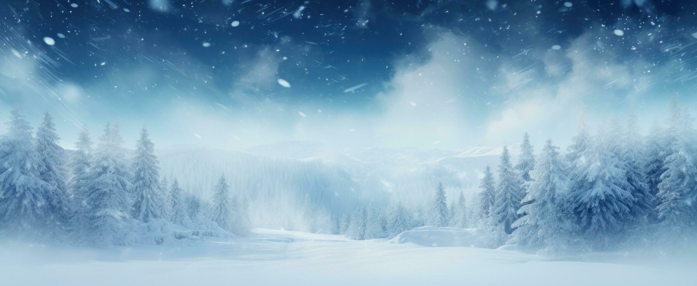 ai generato un' inverno paesaggio con blu nebbia caduta su neve, foto
