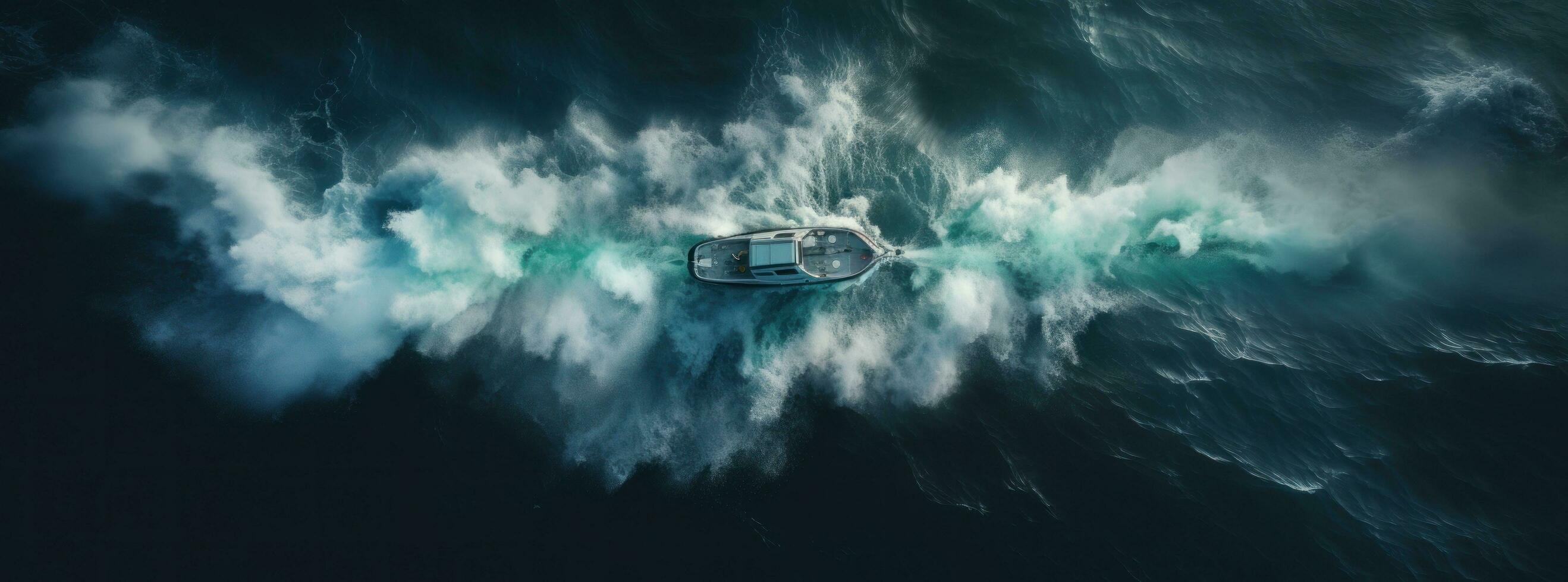 ai generato un' motoscafo in viaggio nel il oceano a partire dal un alto aereo Visualizza, foto