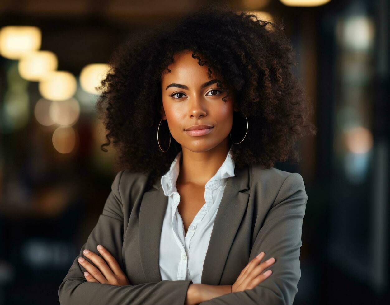 ai generato un' fiducioso giovane attività commerciale donna pose con sua braccia attraversato, foto