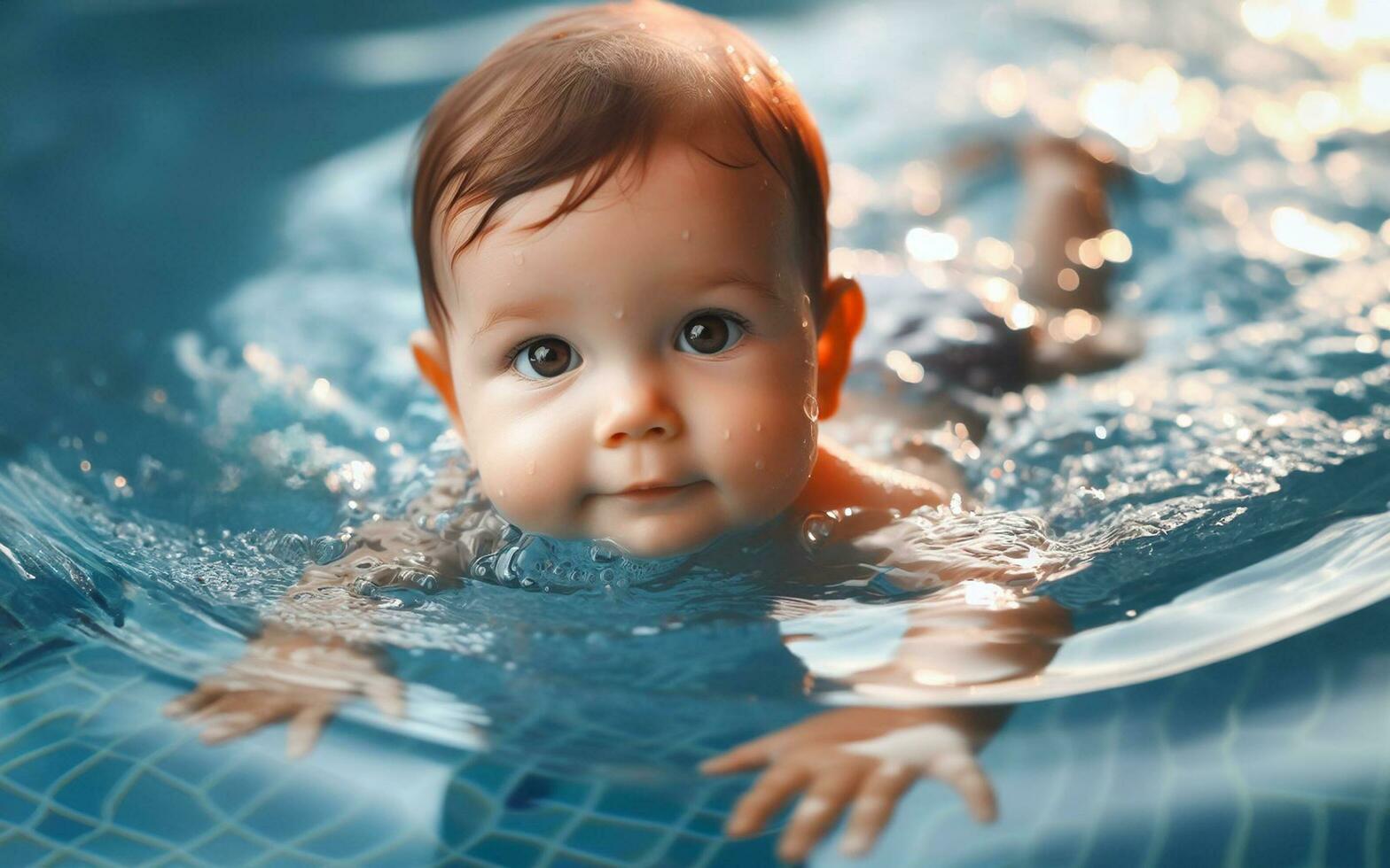 ai generato giovane bambino immersione nel il piscina nuoto concetto di dando nascita nel acqua foto